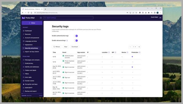 Screenshot of the Proton Sentinel app on a computer desktop